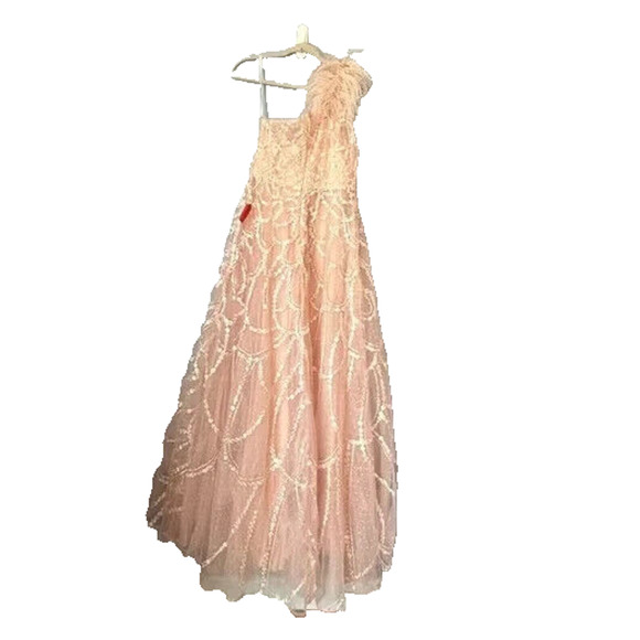 Mac Duggal Embellished One Shoulder Feather Accent Dress Sz‎ 2 Peach $798 NEW - Picture 7 of 9
